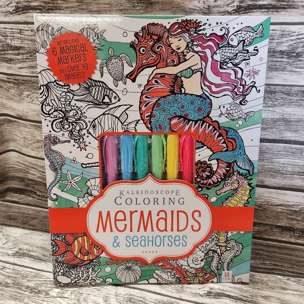 Kaleidoscope mermaids & seahorses coloring book kit